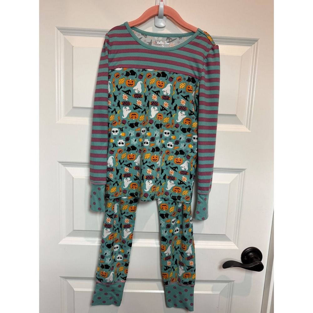 7.Matilda Jane Kids Halloween Pajama Set Teal Ghost Pumpkin Stripe 2PC Size 8